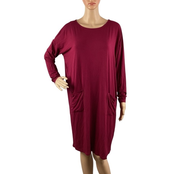 Eileen Fisher Long Sleeve Stretch Knit Shift Dress Hibiscus Red Front Pockets M - Picture 1 of 7